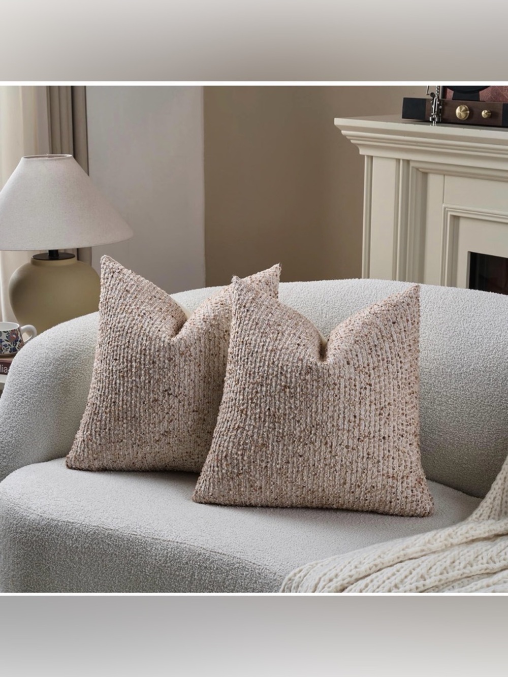 Textured Knit Beige Throw Pillow Pair